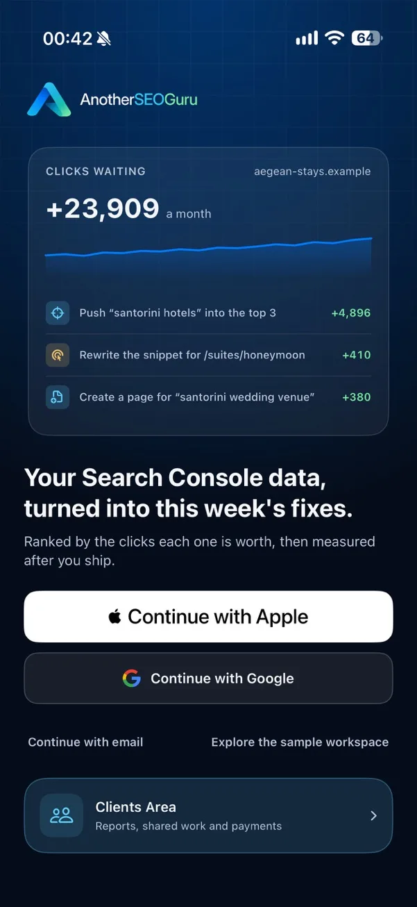 Sign in with Apple, Google or email, or explore the sample workspace first.